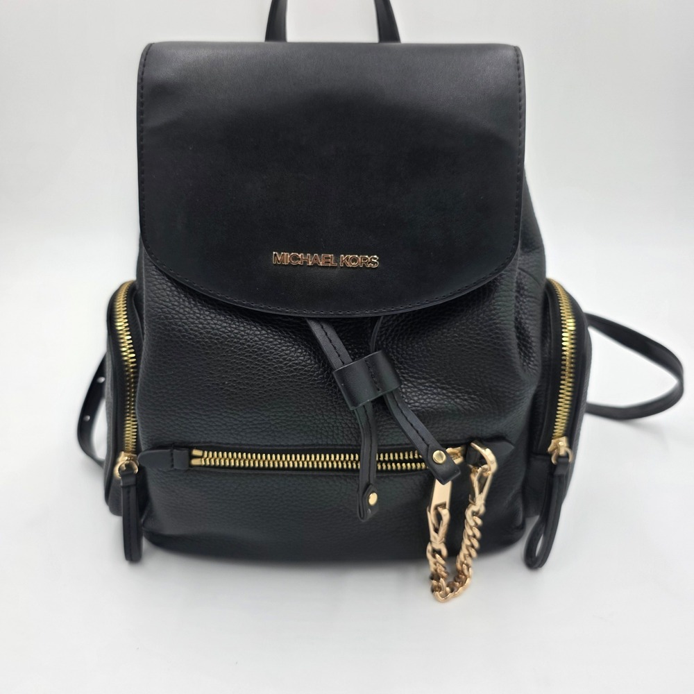 Michael Kors Black Pebbled Leather Drawstring Backpack Gold Chain Detail